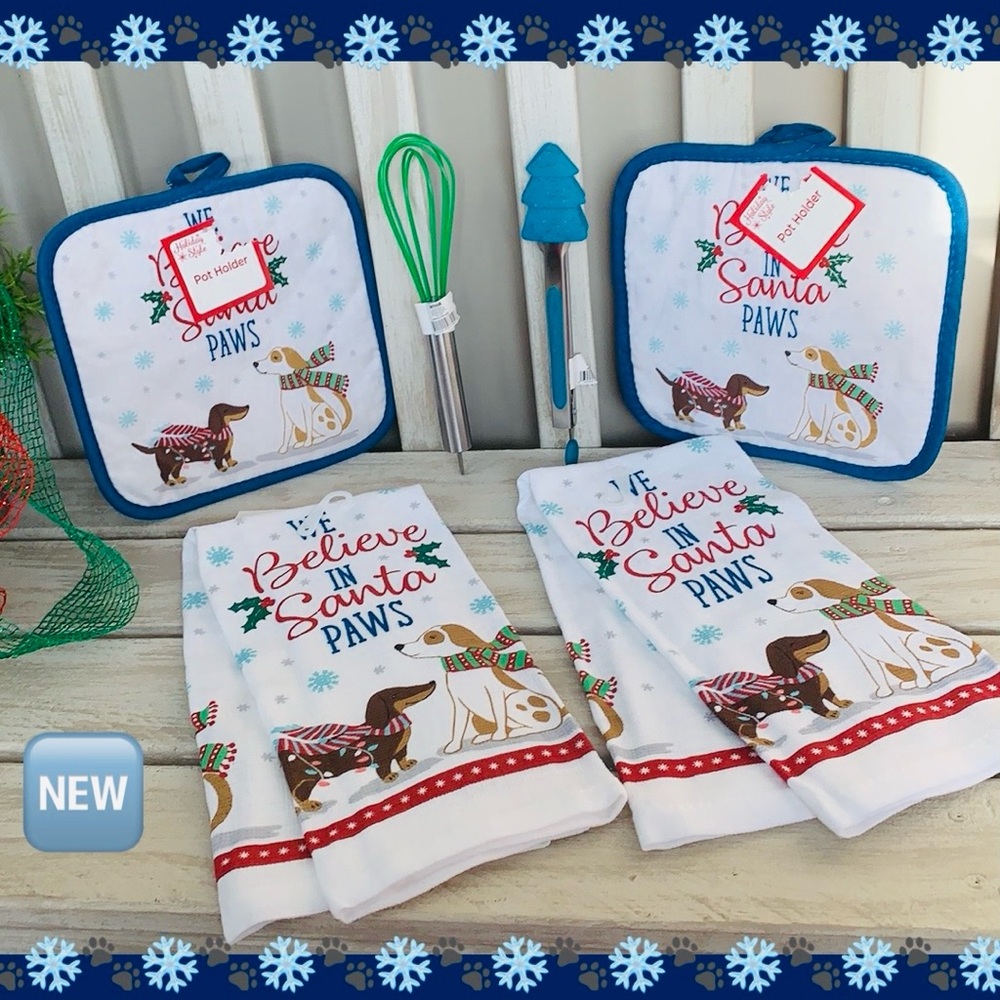 Santa Paws Kitchen Set 2-Towels 2-Pot Holders 1-Tong 1-Wisk…